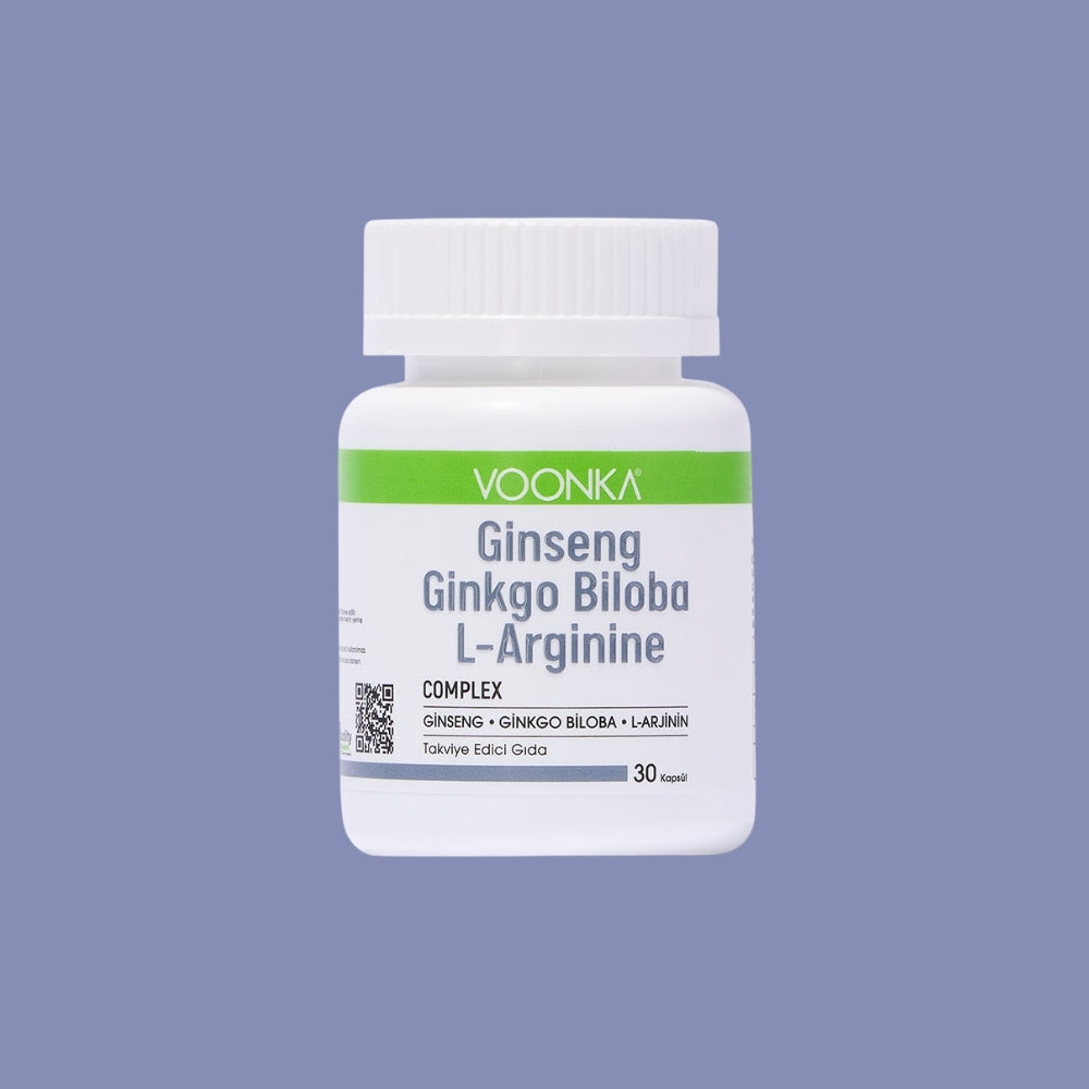 Voonka Ginseng Ginkgo Biloba L-Arginine - хранителна добавка за енергия, концентрация и кръвообращение - Женшен, гинко билоба и L-аргинин, 30 капсули.